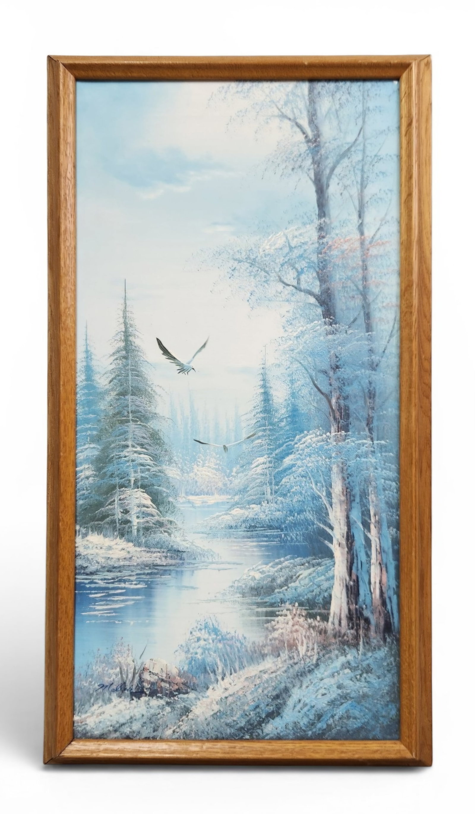 R. Cannon Winter Landscape Painting: A framed winter landscape on canvas depicting a snowy forest and stream with two birds in flight, signed R. Cannon and measuring 27 by 15 inches. Overall good condition, see pictures.
