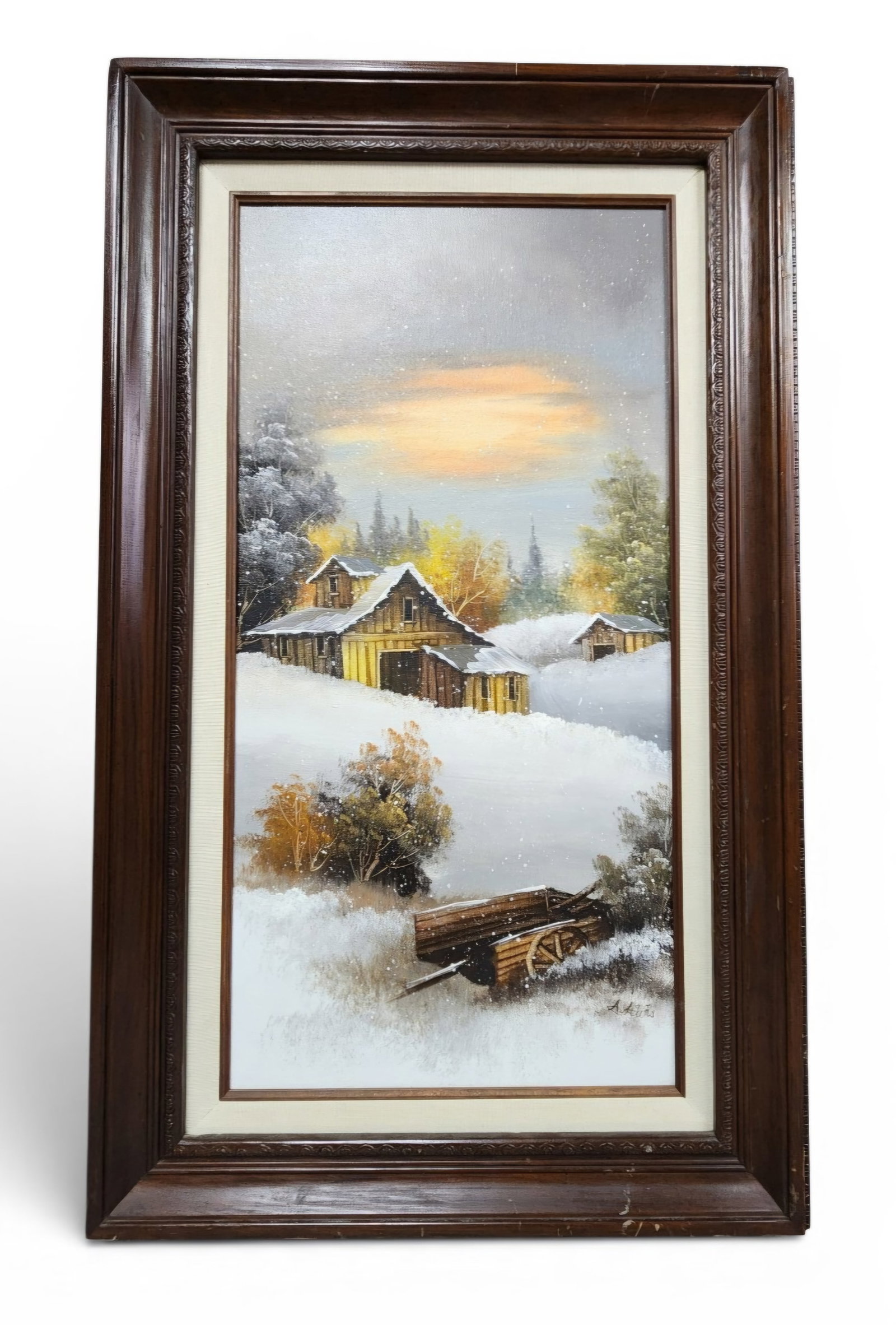 A. Heurs Winter Farm Oil Painting: A framed oil painting on canvas depicting a winter farm landscape in shades of white and brown with a warm sunset glow, measuring 30 by 18 inches Overall good condition, see pictures.