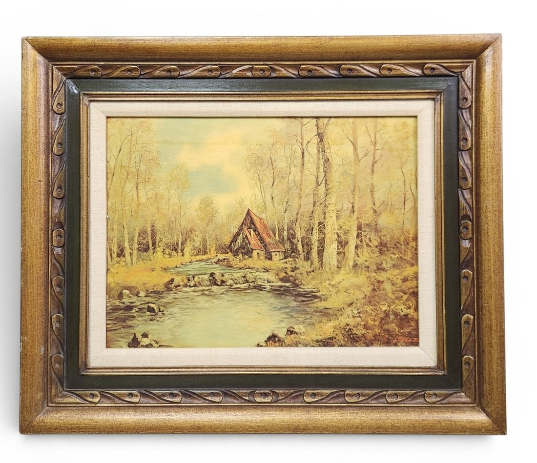 Lopenz Reconstruction Landscape Painting: This vintage fine art reconstruction, produced by Dimension Weld, depicts a rustic cabin beside a wooded stream in a landscape setting. The piece utilizes a specialized process to replicate the
