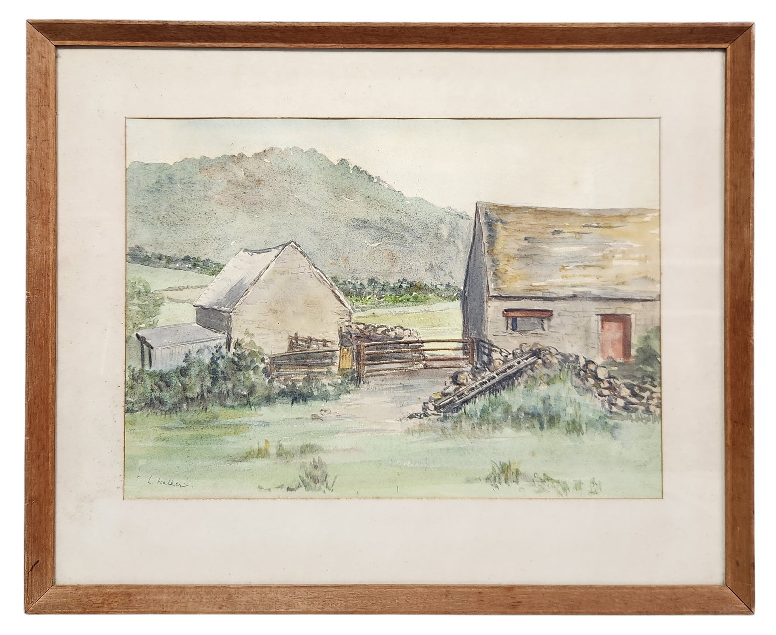 L. Walker Watercolor Landscape: A framed watercolor landscape painting depicting rural stone buildings and mountains in muted green and gray tones, signed L. Walker and measuring 19 by 16 inches. Overall good condition, see