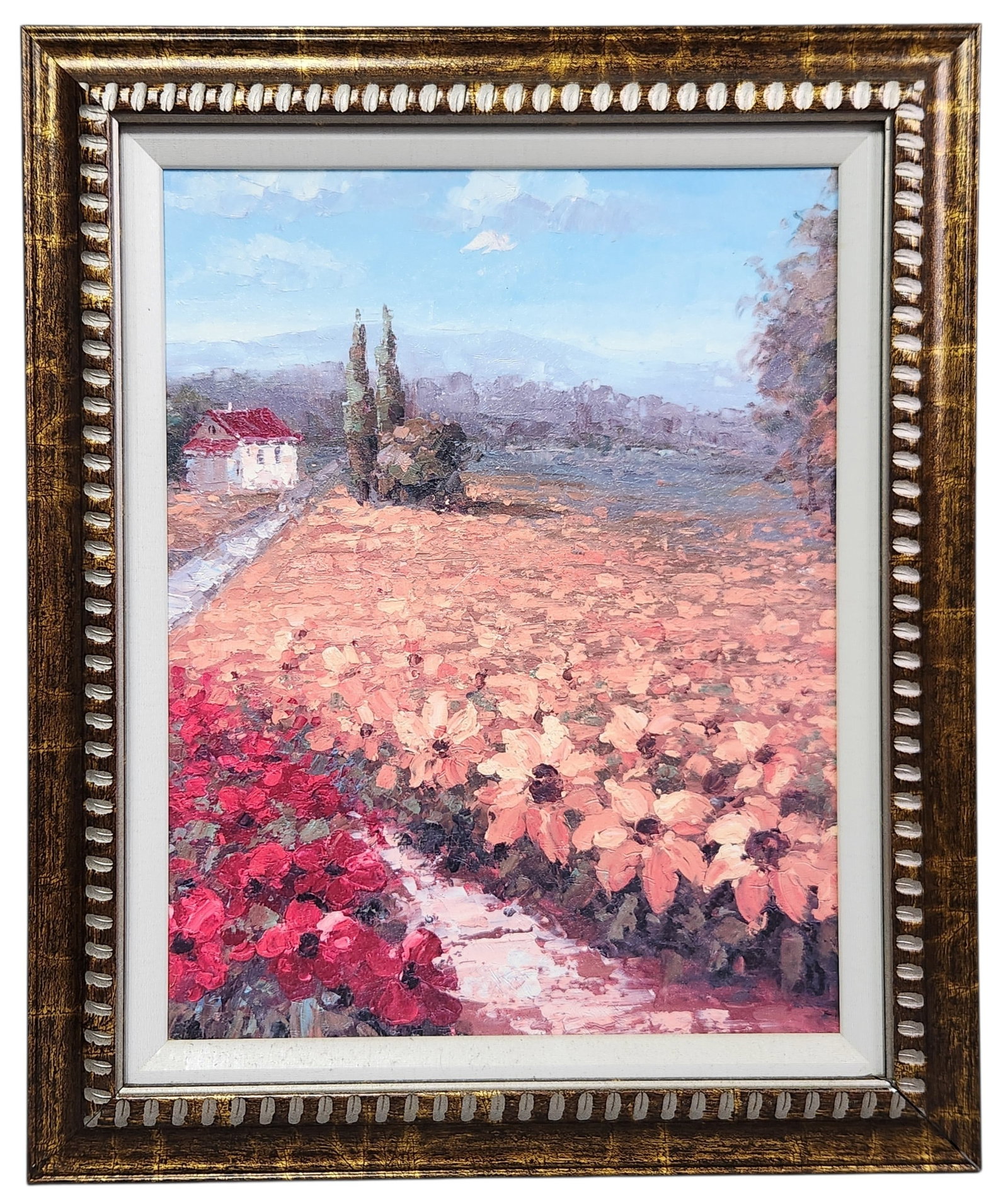 Impressionist Style Oil Painting: An unsigned oil on canvas or panel landscape painting rendered in a vibrant Impressionist style. Measures: 24 inches x 20 inches. The painting appears to be in good overall condition. The painted