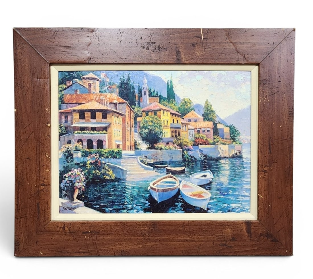 Howard Behrens Lake Como Landing Print: This framed textured impasto print titled Lake Como Landing by Howard Behrens features a colorful lakeside village with boats and measures 22 by 18 inches. Overall good condition, see pictures.