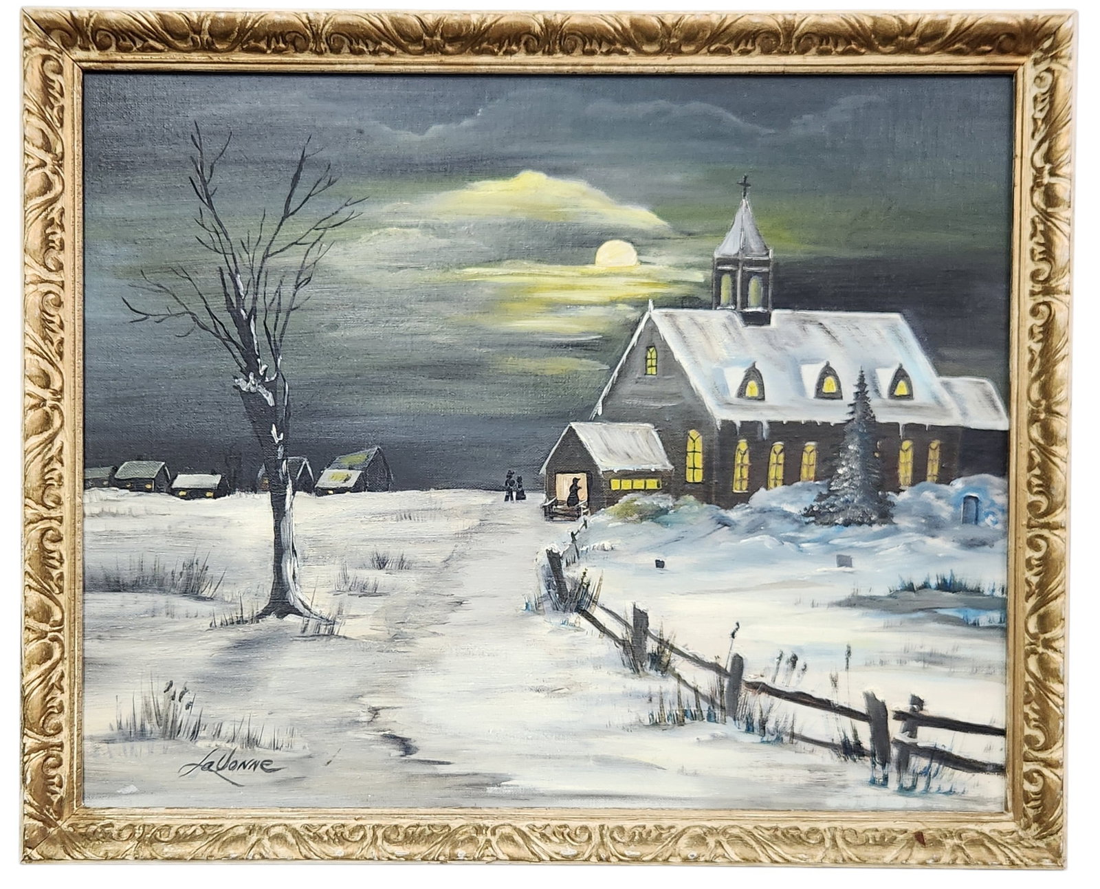 LaVonne McFate Amish Church Painting: This American folk art painting by LaVonne McFate is titled Amish Church and is executed in oil on a canvas panel. Measures: 16 x 20 inches. The painting is in good overall condition. The paint