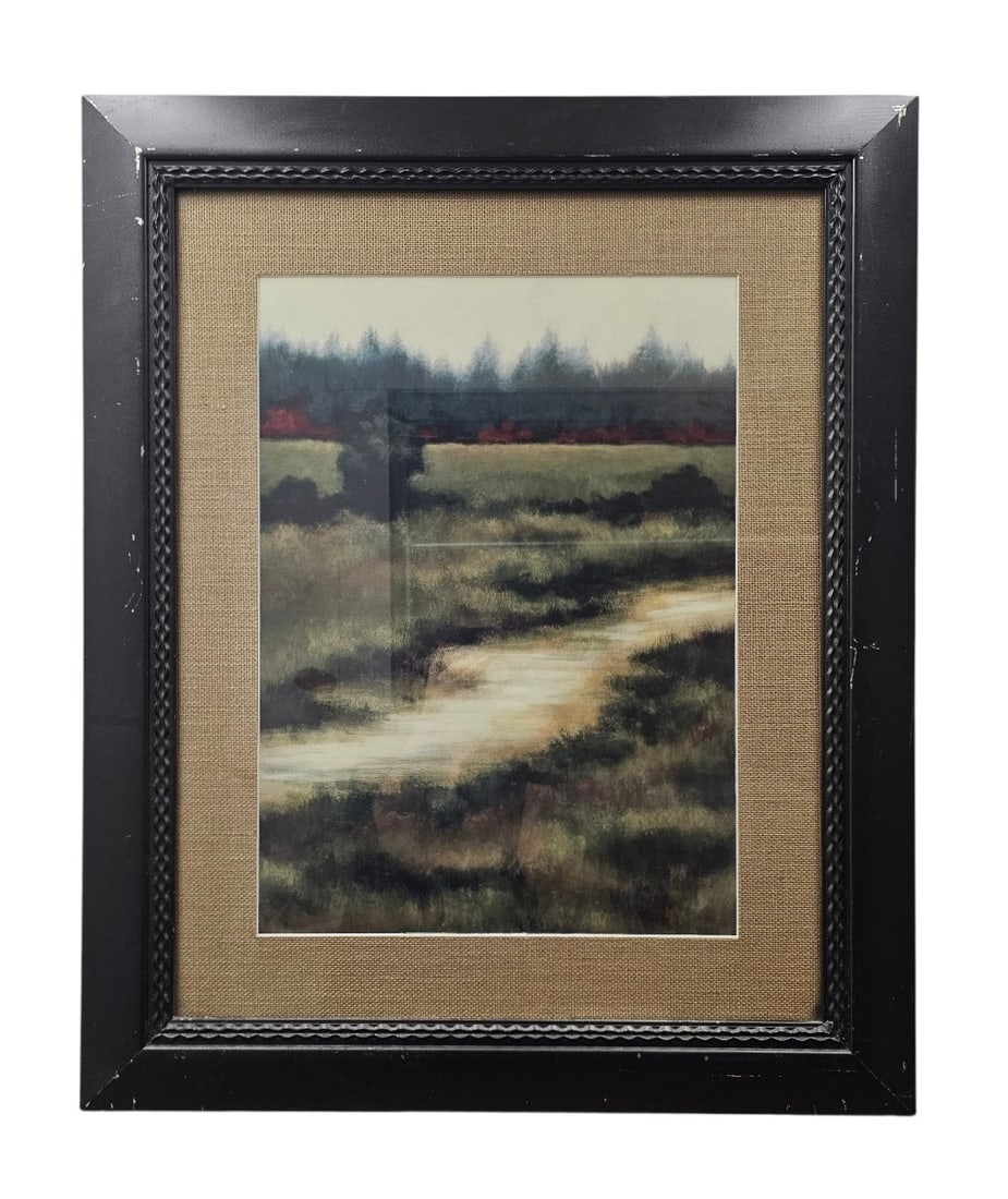 Lazy River Attributed to Rita Vindedzis: This framed landscape print is identified through market consensus as Lazy River II by artist Rita Vindedzis. The piece is a textured reproduction, likely a giclee on board or paper. Measures: 34 x