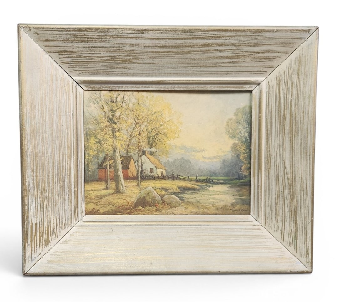 Robert Wood Autumnal Print: A vintage autumnal landscape print on board signed Robert Wood, featuring cottages beside a stream, measuring 25 by 21 inches in a decorative frame. Overall good condition, see pictures.