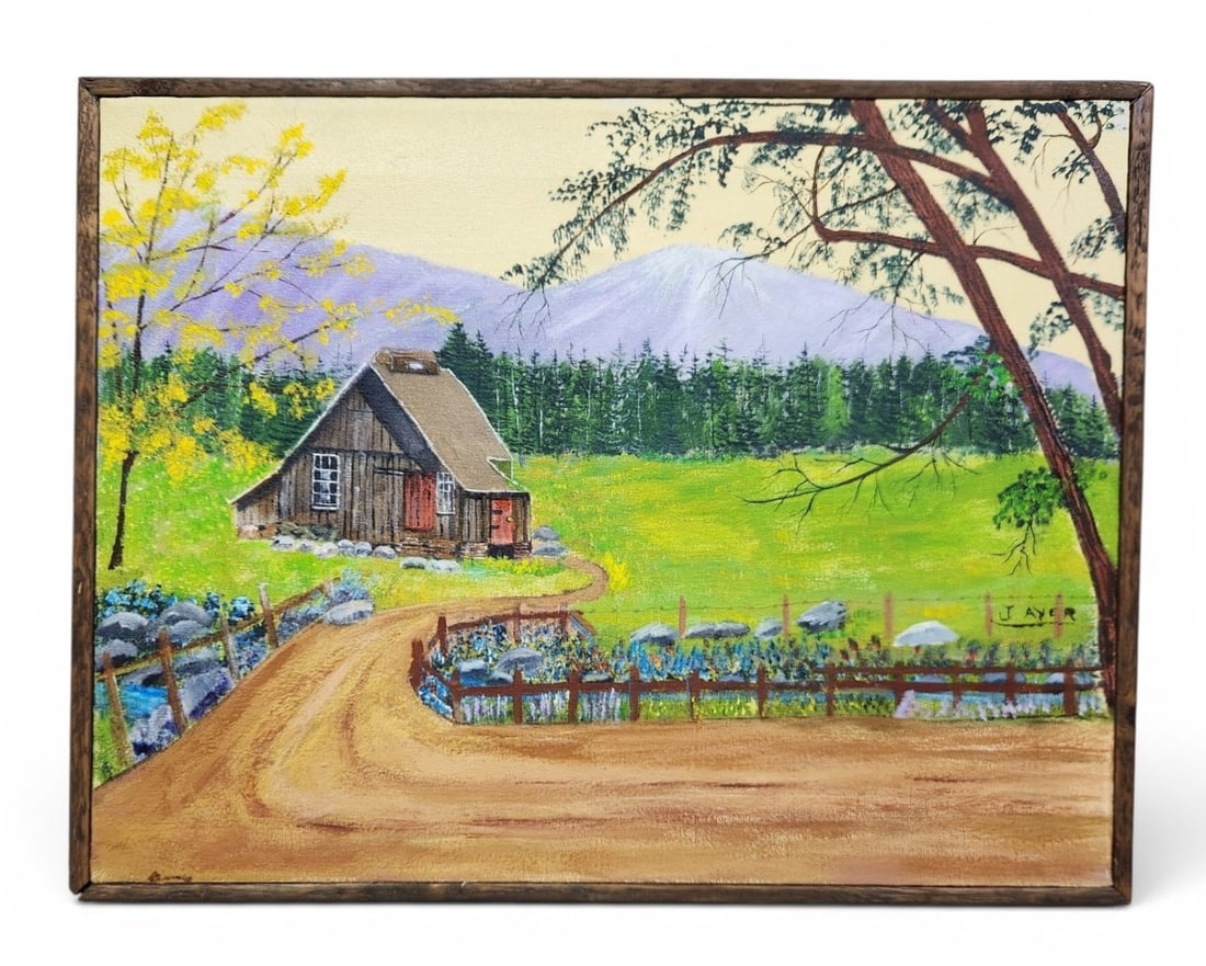J Ayer Mountain Landscape Oil on Canvas: This naive style landscape painting depicts a rustic cabin nestled in a mountain valley. The work is signed in the lower right with the characters J AYER. Measurements: 22 inches by 17 inches. The