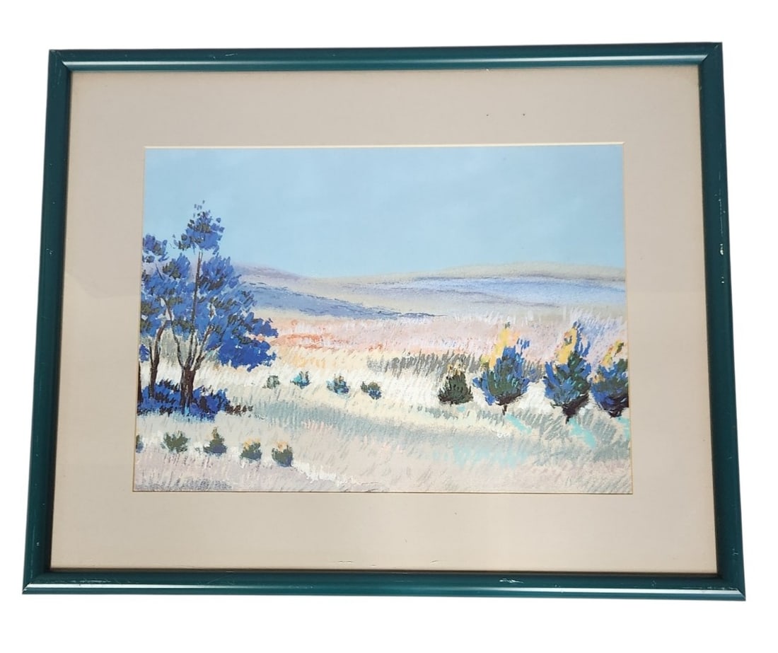 Impressionistic Landscape Print: The medium appears to be either a pastel drawing or a textured print of a pastel work on paper. Frame: 25 x 20 inches. The artwork appears to be in stable condition. The teal metal frame shows