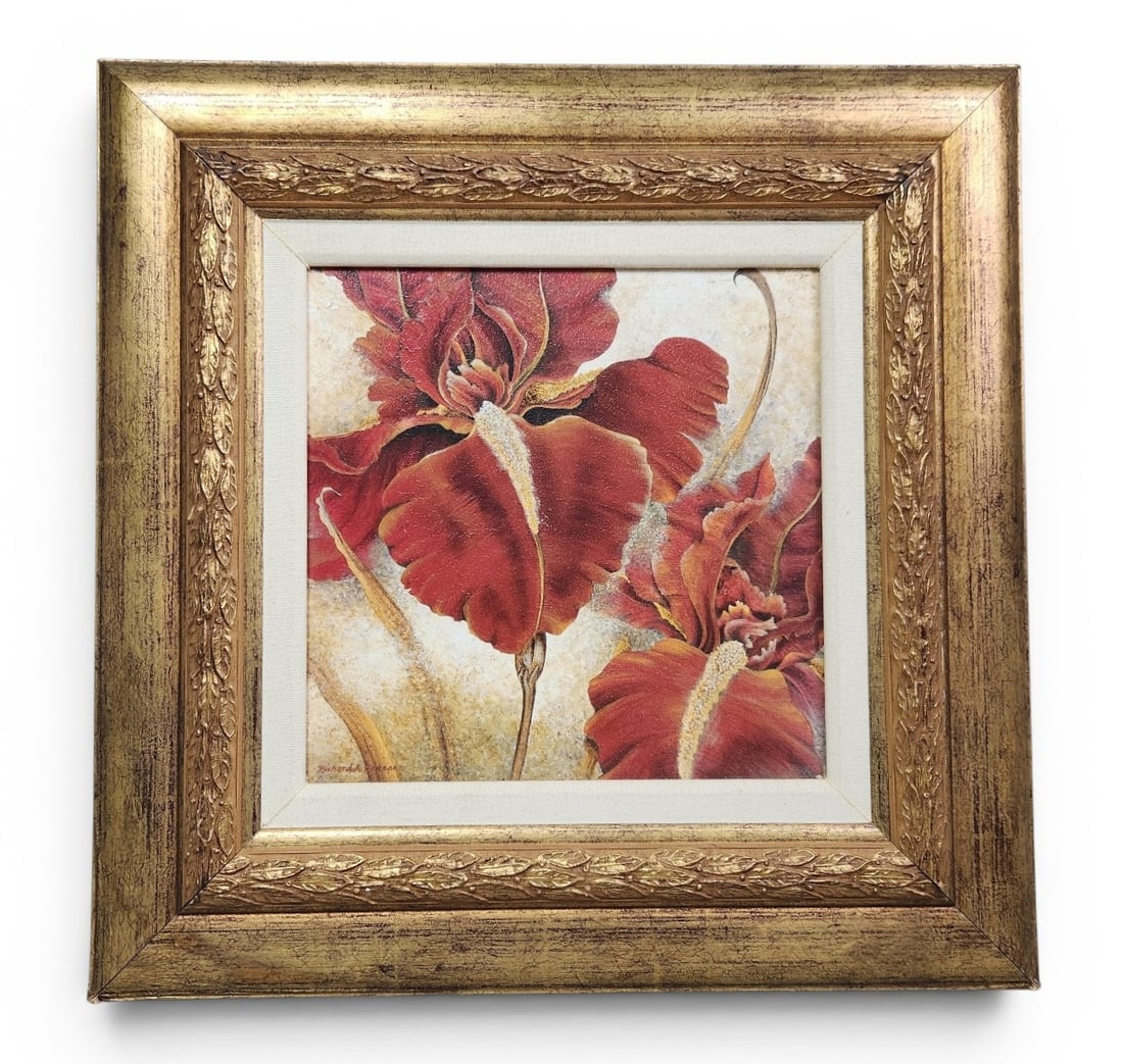 Richard A. Henson Red Iris Print: A contemporary square-format floral painting by artist Richard A. Henson, titled Red Iris. The artist signature, Richard A. Henson, is located in the lower right corner. Dimensions: 21 x 21 inches.