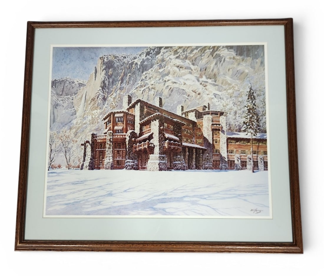Gunnar Widforss Ahwahnee Hotel Print: This framed landscape print illustrates the Ahwahnee Hotel in Yosemite National Park during the winter season. A signature is visible in the lower right corner reading Widforss-, identifying the