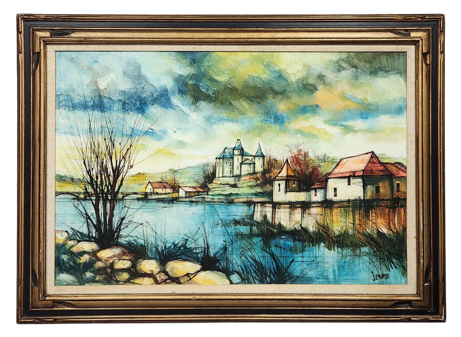 Jemange MCM Landscape Painting: This landscape painting, executed in oil or acrylic on canvas 43 x 31 inches. The item is in fair condition. The reverse of the canvas shows significant age-related foxing and spotting. The frame
