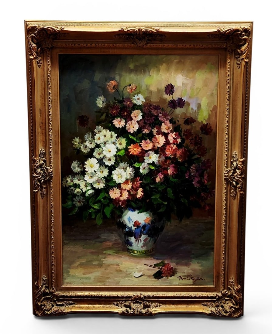 Signed Floral Still Life Oil on Canvas: This is an original oil painting on canvas depicting a dense floral still life arrangement. The signature appears to be either Tim of Tam O'Ryan Measures 45 x 33 inches. The painting surface and the