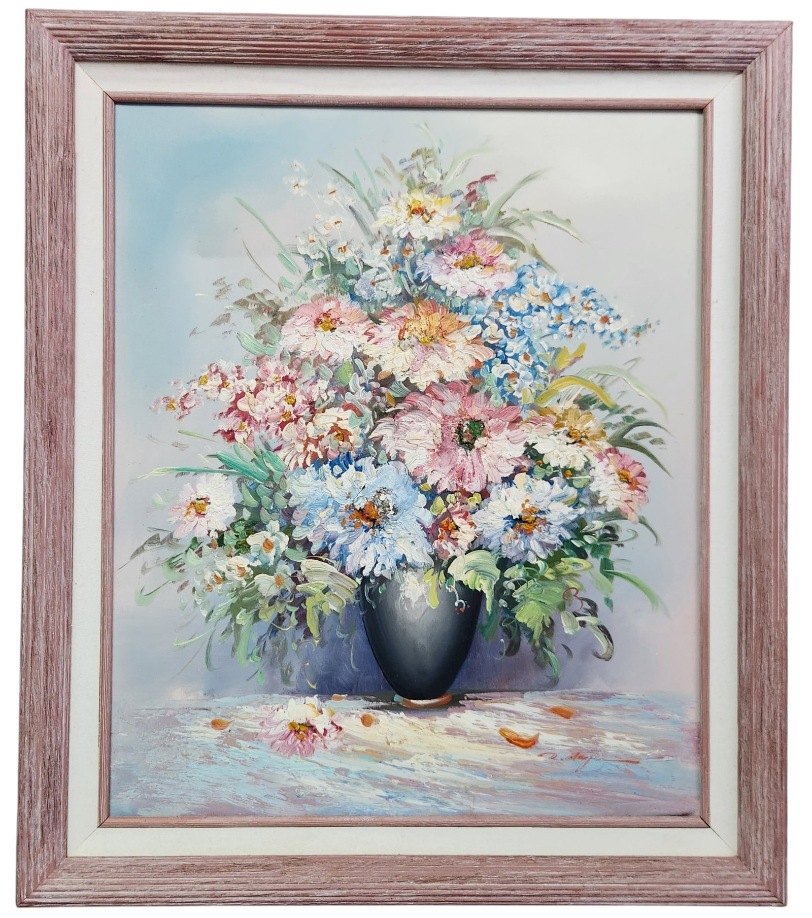Impressionistic Still Life Oil on Canvas: A mid-to-late 20th-century floral still life oil painting on canvas. The painting is signed in red-brown paint in the lower right corner with the initials R. followed by a stylized cursive surname.