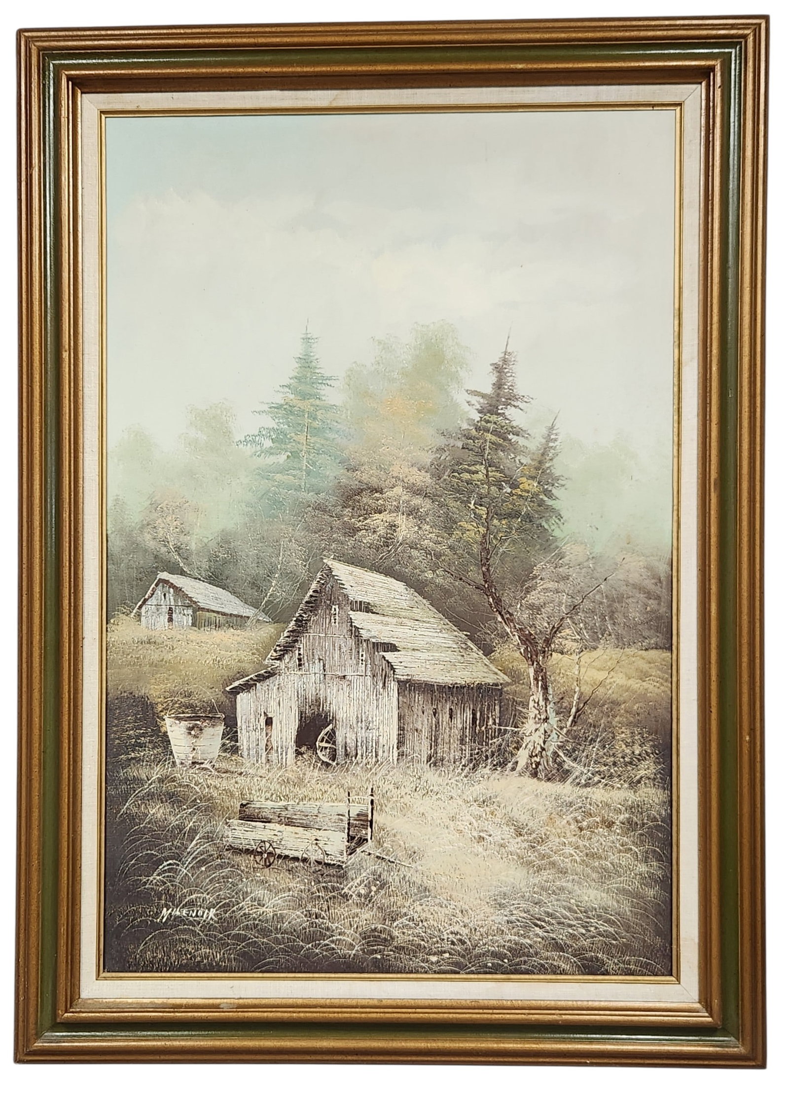 Signed Oil on Canvas Landscape: This landscape painting is executed in oil on canvas and depicts a rustic scene featuring two weathered wooden barns and a small horse-drawn style wagon situated in a grassy field. Signature is