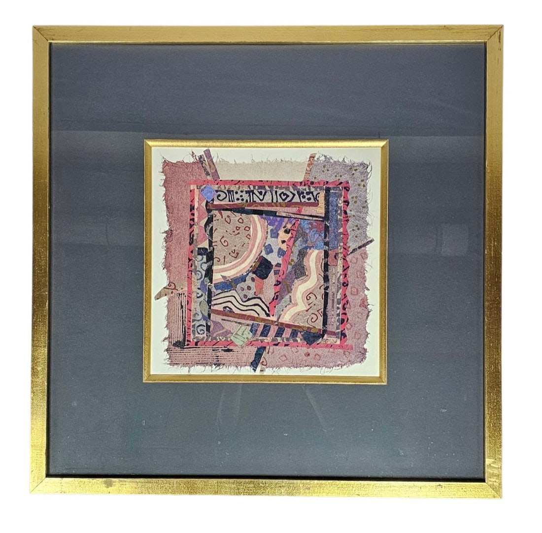Diane Van Hall Abstract Lithograph: This framed mixed media abstract collage lithograph in a pink, purple, blue, and gold palette, measuring approximately 29 inches square. Very good overall condition, see pictures.