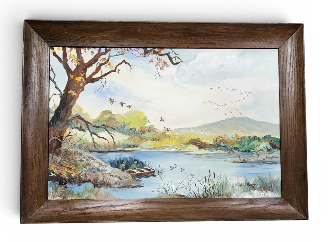 Pauline Harris Duck Hunting in MI Oil on Wood: October 1977 framed landscape painting, executed in oil on a wood panel, is titled Duck Hunting in Michigan. The work is signed Pauline Harris in the lower right corner. Measures: 35 inches x 25