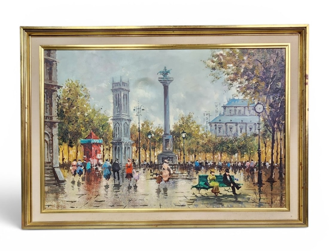 G. De Vitte Parisian Street Oil on Canvas: An impressionistic oil on canvas depicting a bustling Parisian street scene with figures and architecture, measuring 40 by 29 inches within a gilt wood frame with an artist stamp and biographical