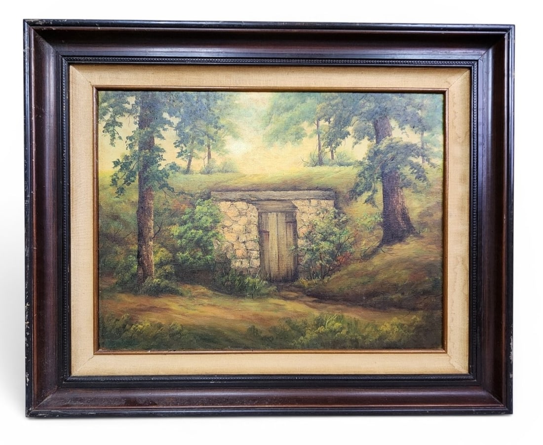 20th Century Oil on Canvas Landscape: This work is an oil on canvas landscape painting depicting a pastoral scene with a small stone outbuilding, potentially a root cellar or spring house, integrated into a grassy hillside. Overall Frame
