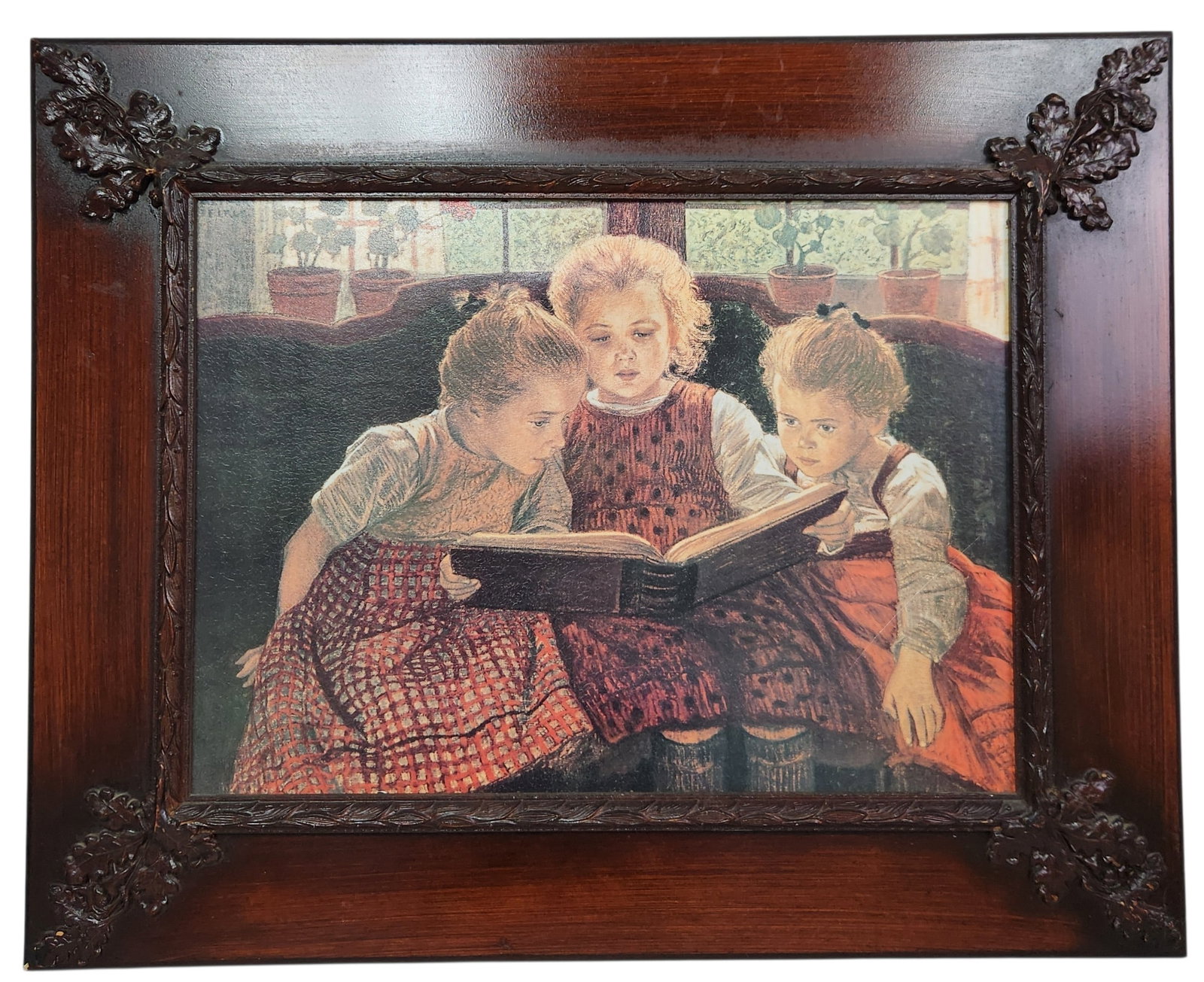 Walter Firle The Fairy Tale Book Print: A large-format print on canvas depicting three young girls huddled together reading a book. Overall dimensions: 33 x 27 inches. Fair condition. The print surface shows visible scuffing and fine