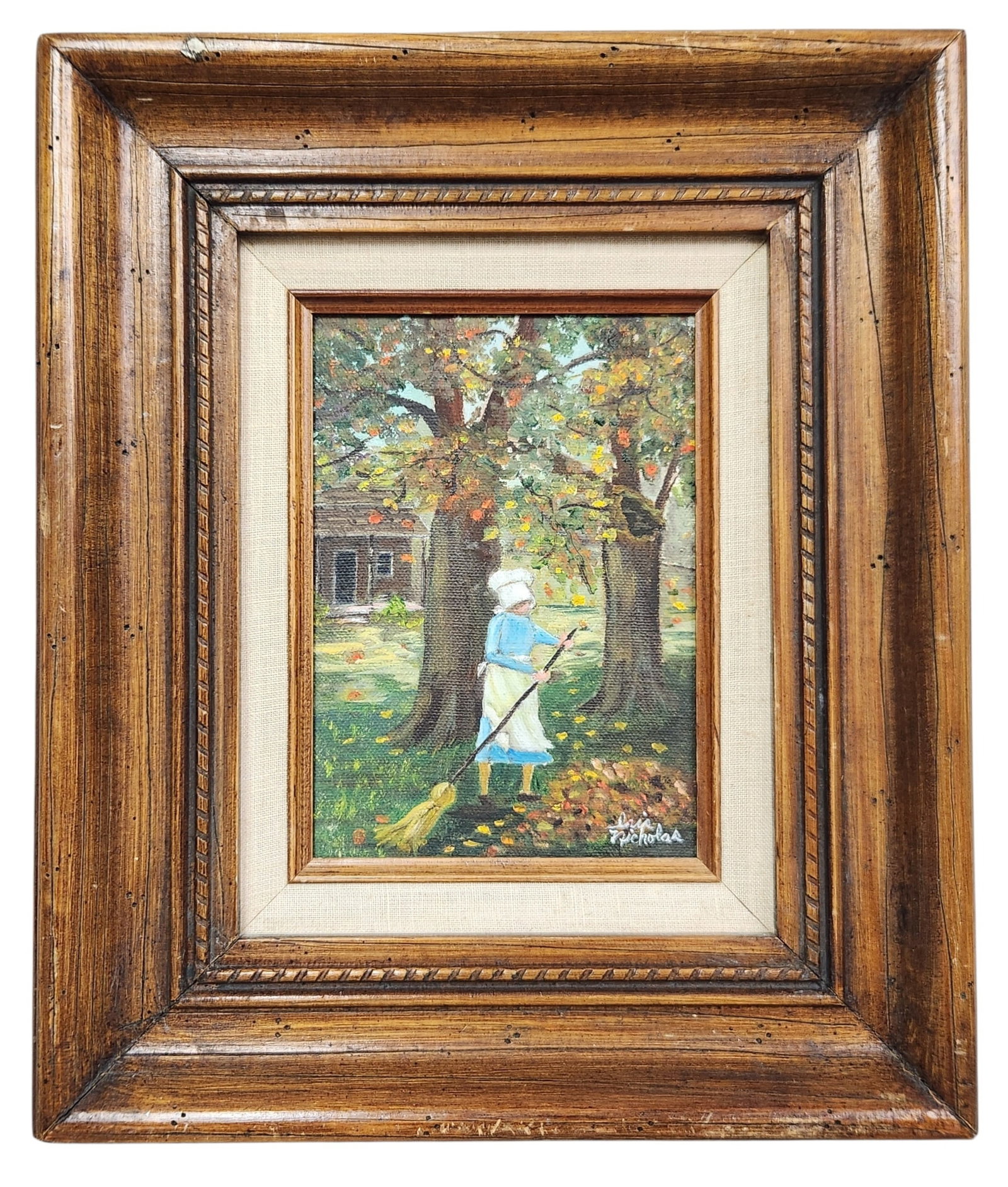 Lois Nicholas Folk Art Painting: This oil on canvas by Lois Nicholas depicts a woman in traditional attire sweeping autumn leaves in a primitive folk art style. Canvas: 5 x 7 in. Frame: 11 x 13 in. The painted surface is in good