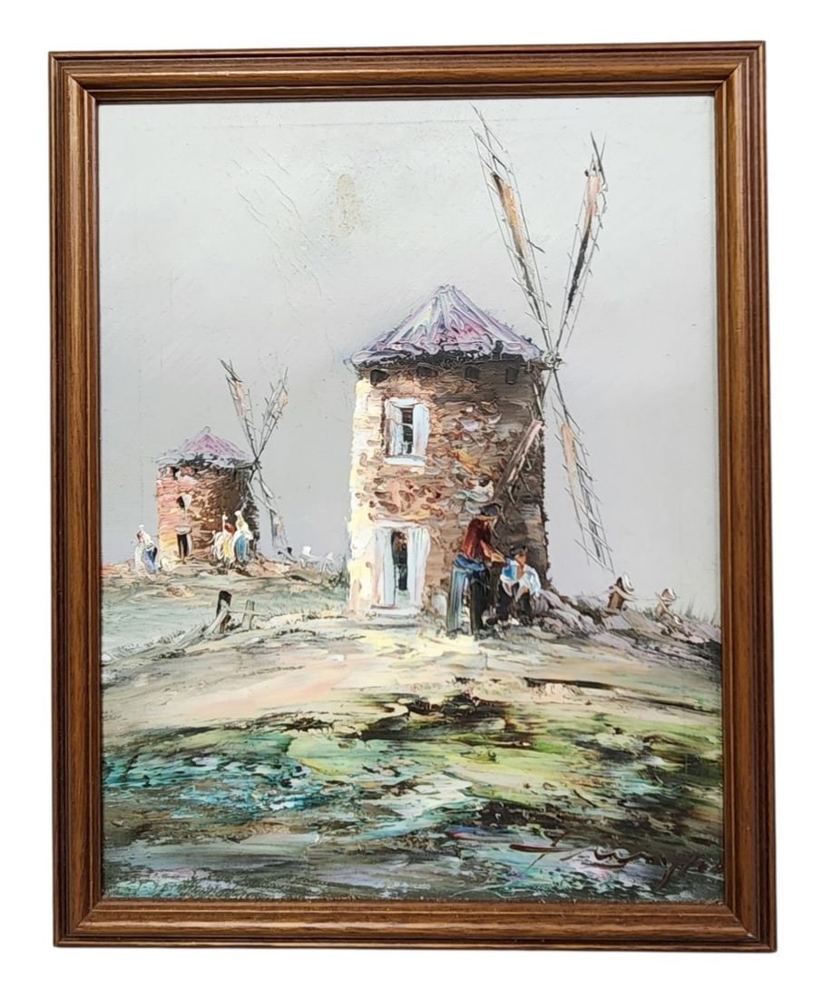 L. Viggi Impasto Windmill Landscape: A mid-century oil on canvas landscape by L. Viggi depicting stone windmills, executed with heavy impasto and a palette knife for a textured finish. Measuring 15 by 12 inches. The surface shows