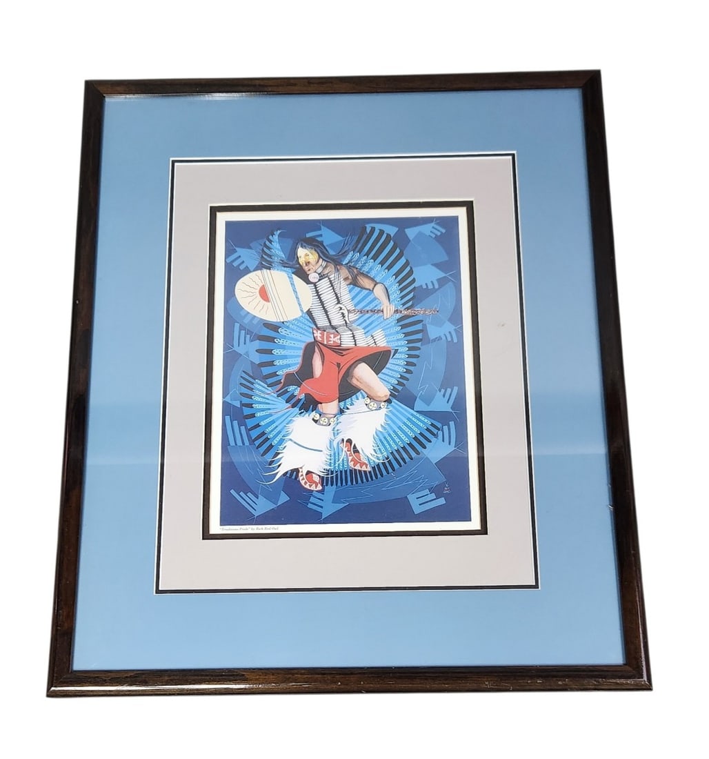 Rich Red Owl Traditions Pride Print: This professionally framed contemporary print, titled Traditions Pride, is by Oglala Lakota artist Rich Red Owl. 26 x 22 inches. The artwork and matting appear well-preserved under glass. The wooden f