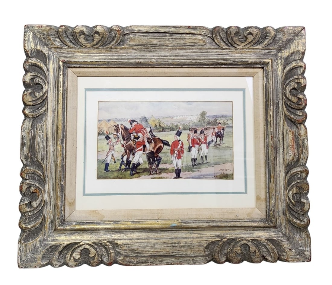 Harry Payne Military Scene Print: A framed military scene by British artist Harry Payne, depicting Redcoat soldiers tending to horses in a field camp. Overall Frame: 24 x 20 inches Internal Sight: 16 x 12 inches. Water damage and