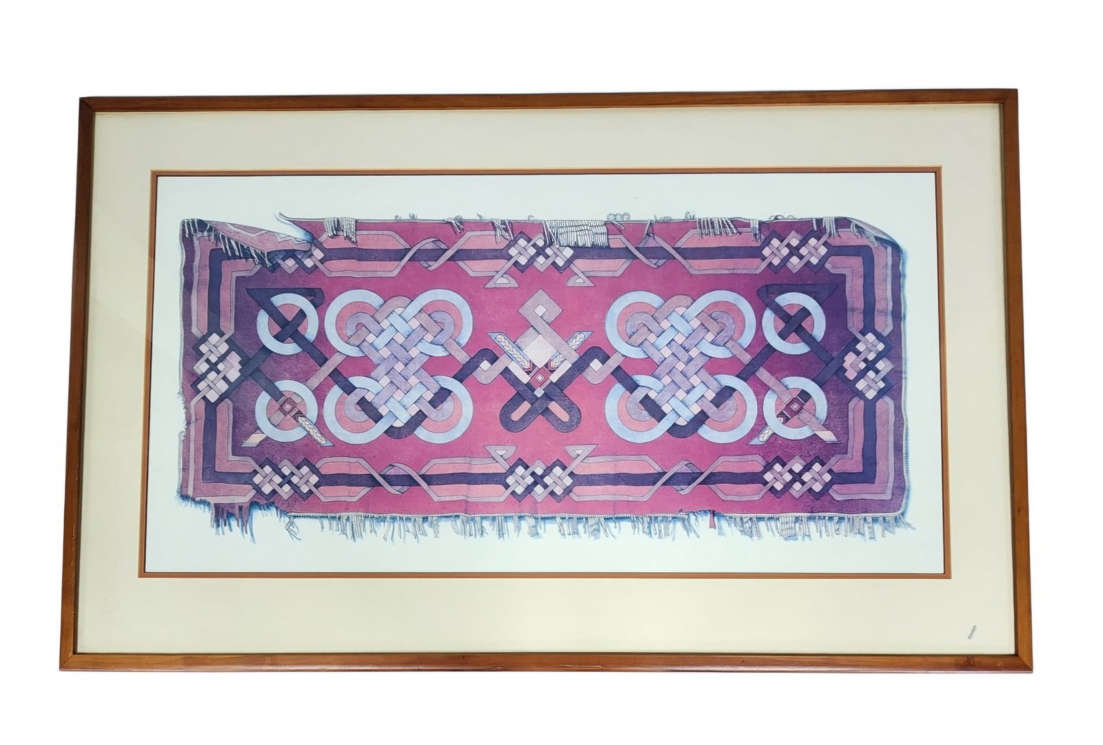 Bruce Weinberg Interlocking Art Print: This large-format matted art print titled Interlocking features an intricate Celtic-style knotwork design in shades of pink and purple. The artwork employs a trompe l'oeil effect to depict a frayed an