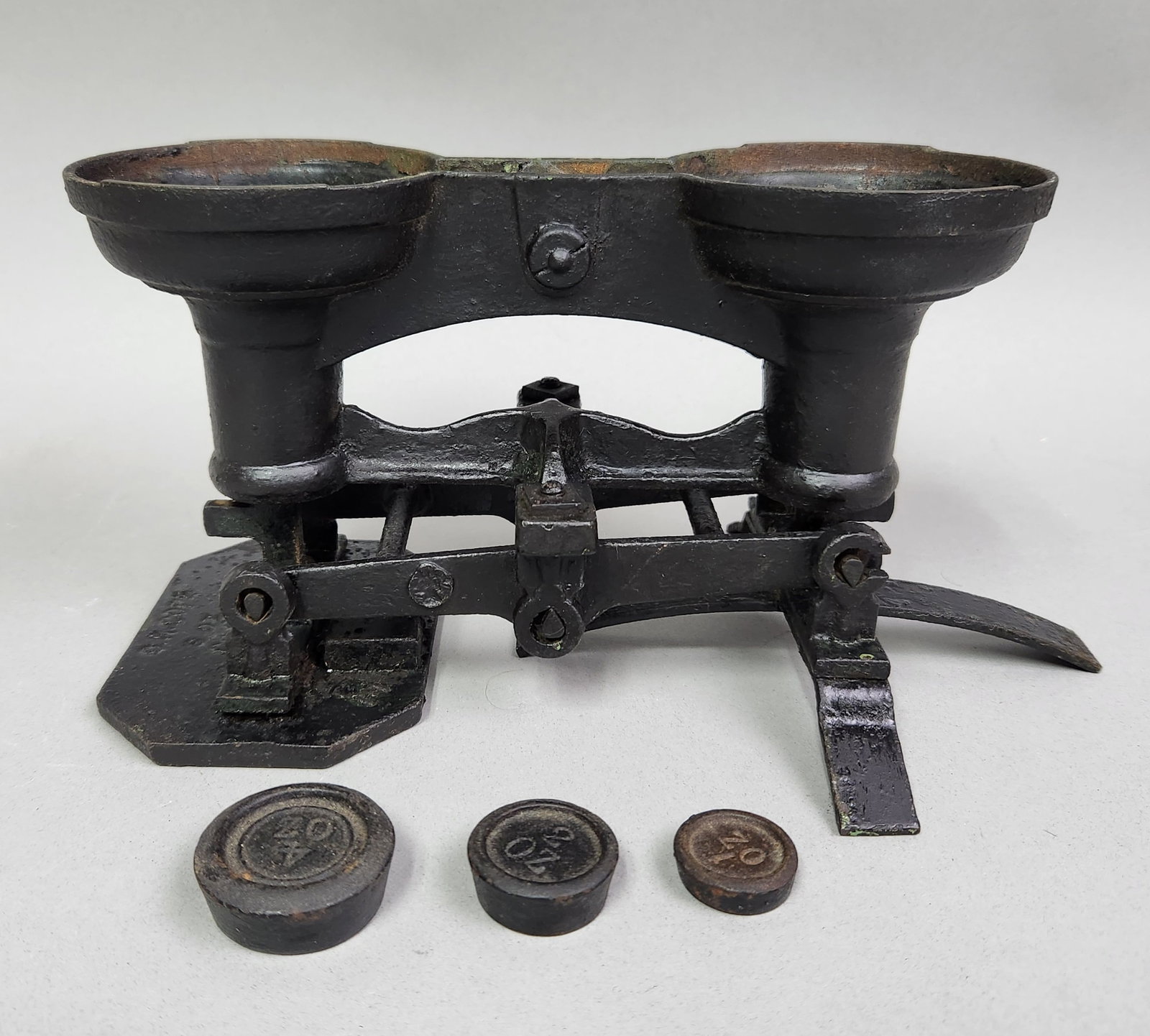 Antique S. G. Canby Cast Iron Scale: This antique Roberval balance scale was manufactured by S. G. Canby and Company of Philadelphia. The frame is marked S. G. CANBY & CO PHILA and the base bears the name O. H. COPP. Height: 5.5 inches