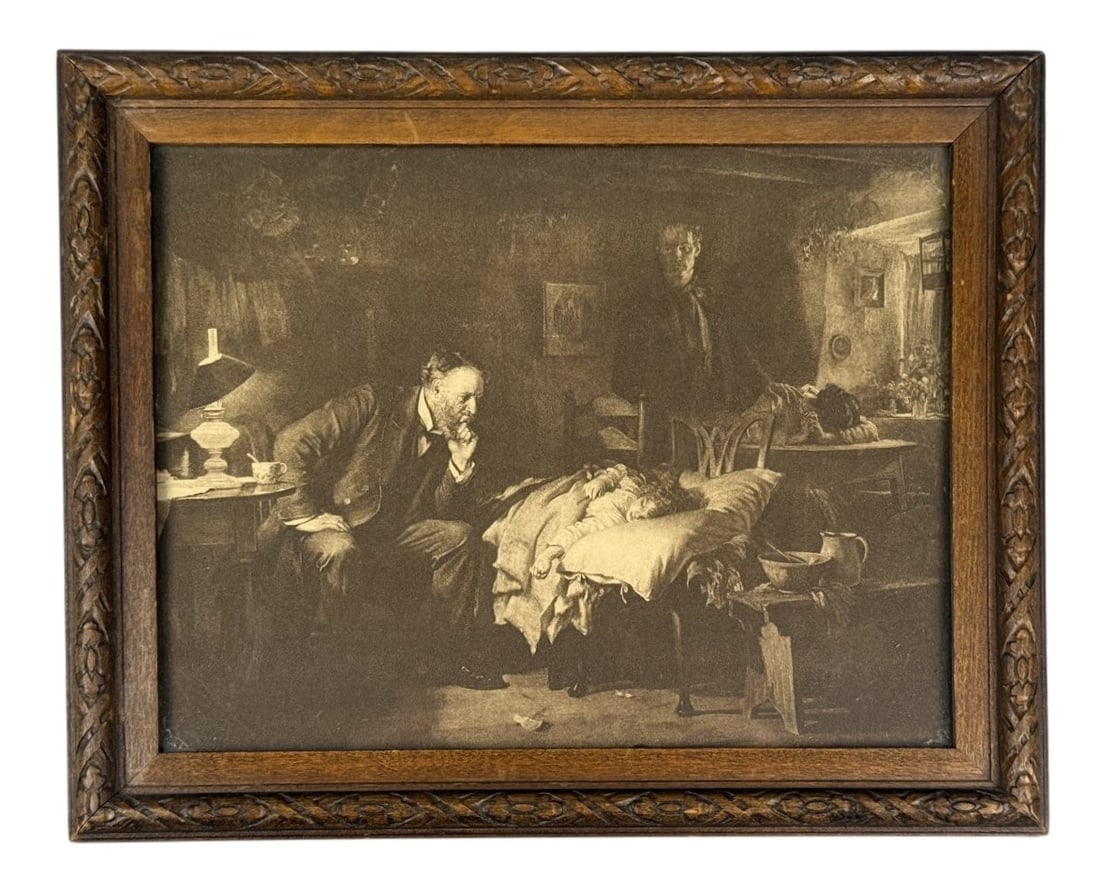 Sir Luke Fildes The Doctor Photogravure: A sepia-toned period photogravure after Sir Luke Fildes' renowned 1891 oil painting, The Doctor. The work is housed in a dark-stained wooden frame featuring a deep-carved foliate repeating motif. The 
