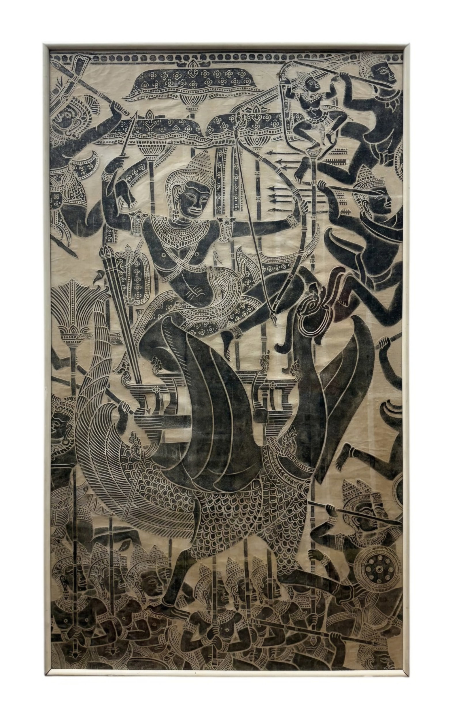 Large Cambodian Angkor Wat Temple Rubbing: This large-scale temple rubbing on fibrous paper depicts a dynamic Khmer battle scene based on the 12th-century bas-reliefs of Angkor Wat. The composition features a central heroic archer surrounded b