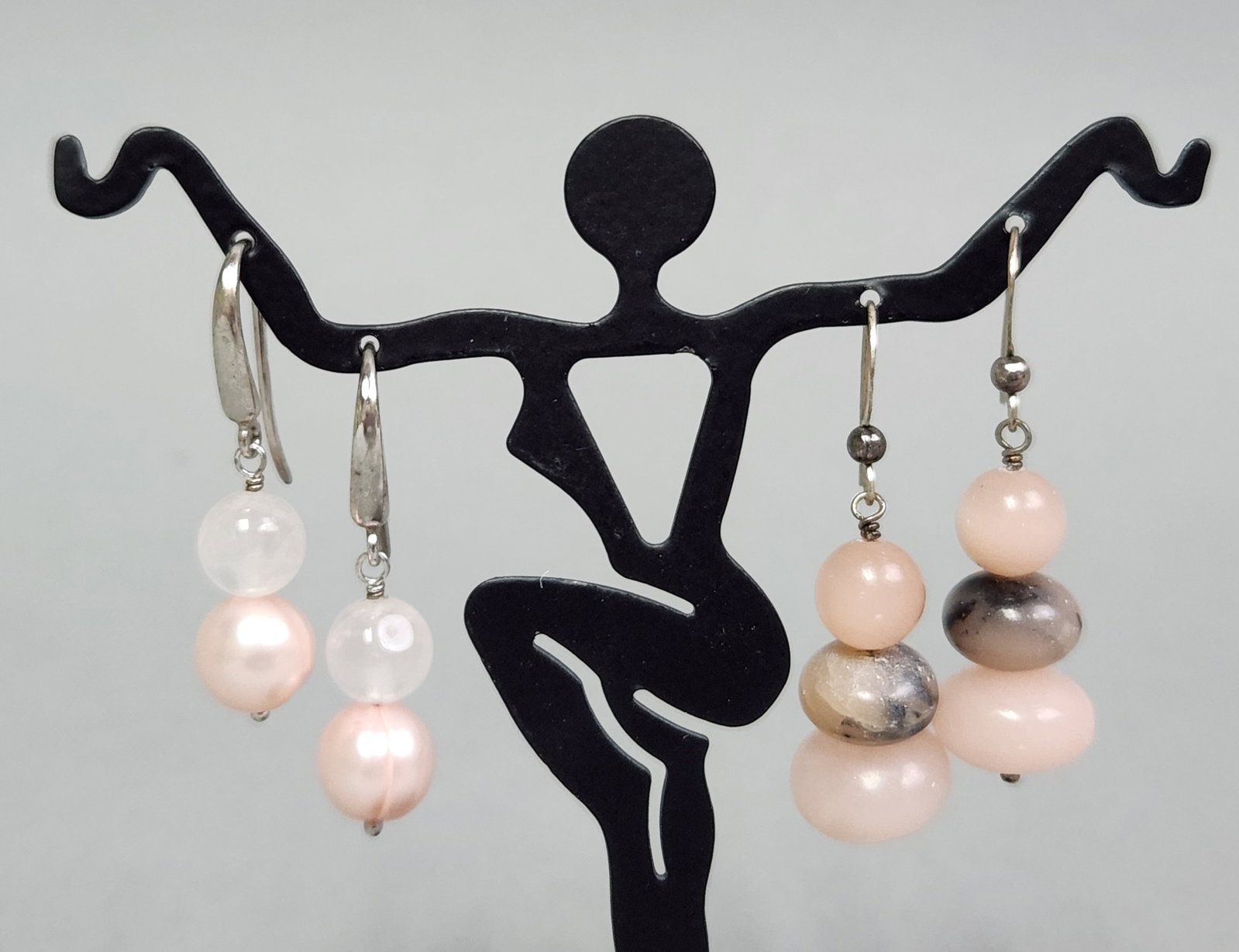 Pink Gemstone Earrings: A collection of Honora & Desert Rose Trading drop earrings featuring pink gemstone and pearl components. Honora rose pair length: 1.5 inches Desert Rose Teading triple-bead pair length: 1.75 inches. T