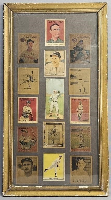 Framed Collection of Vintage Baseball Cards: Frame measures approximately 22 inches H x 12 inches W. The cards have not been removed from the frame for inspection and appear to be affixed to the backing board. General card condition ranges from