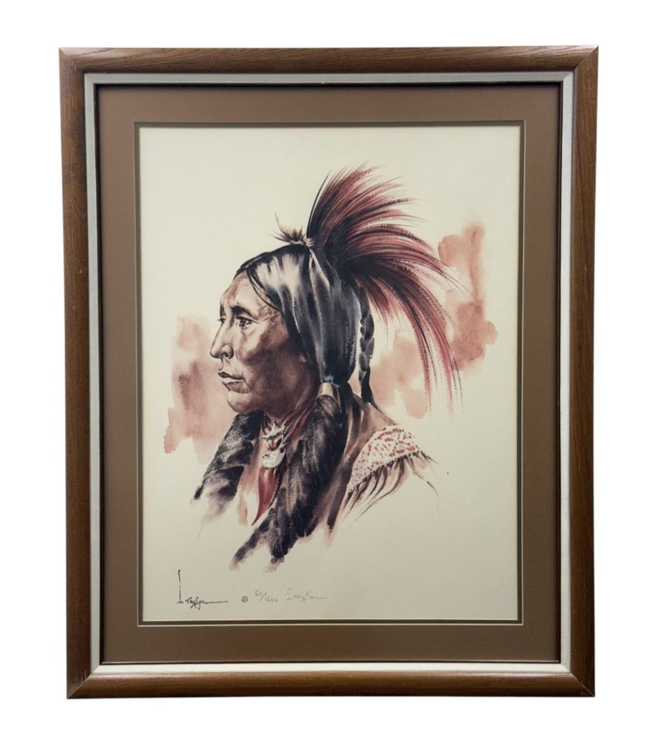 Lyle Tayson Signed Native American Print: This limited edition color print by Lyle Tayson features a detailed profile portrait of a Native American man in traditional regalia. The work is hand-signed in pencil by the artist and numbered 511
