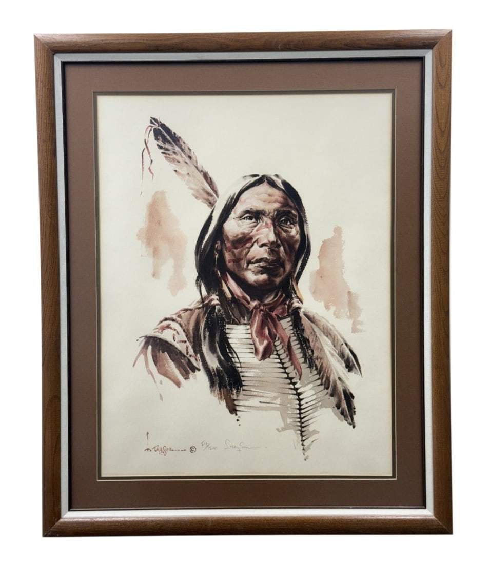 Lyle Tayson Native American Portrait Print: This limited edition offset lithograph by American artist Lyle Tayson depicts a Native American man in traditional dress, including a bone breastplate and single feather. The work is hand-signed in th
