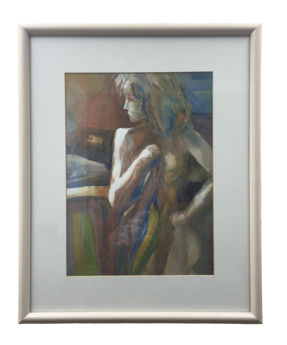 20th Century Modernist Nude Watercolor: This expressionistic study of a female nude is executed in a combination of watercolor and gouache on paper. The artist employs fluid brushwork and a varied palette of warm earth tones contrasted