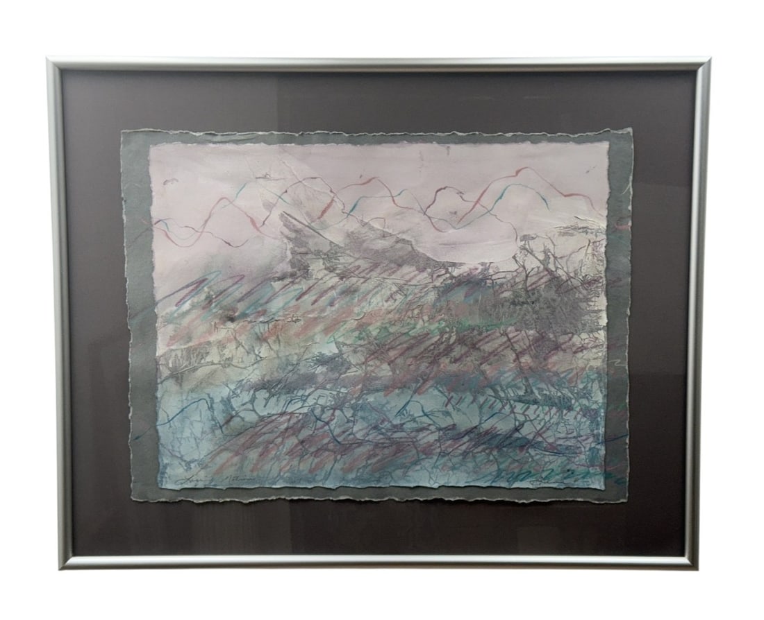 Lindy Matina and Selina Mixed Media: Abstract landscape composition on two layered sheets of deckled-edge paper featuring watercolor washes and expressive oil pastel lines. The work is signed Lindy Matina at the lower left and Selina