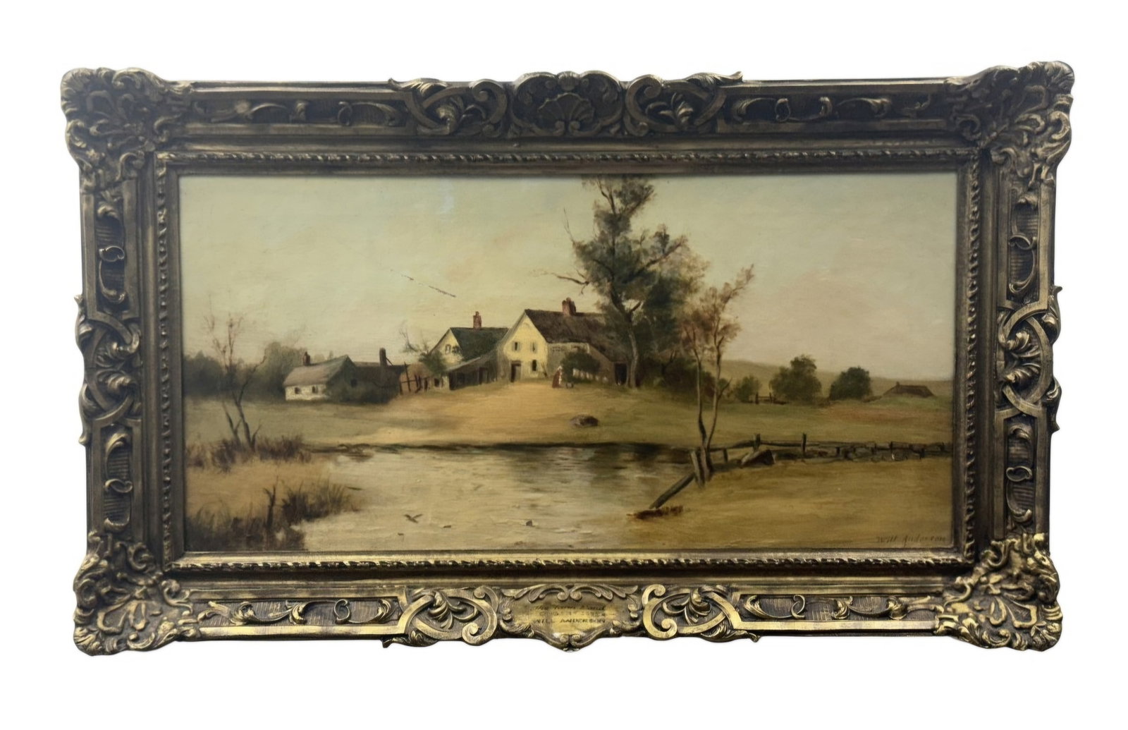 Will Anderson, The Farm Pond: This 19th-century oil on canvas landscape by British artist Will Anderson depicts a pastoral scene in Ongar, Essex, featuring cottages and farm buildings situated behind a pond. The work is signed
