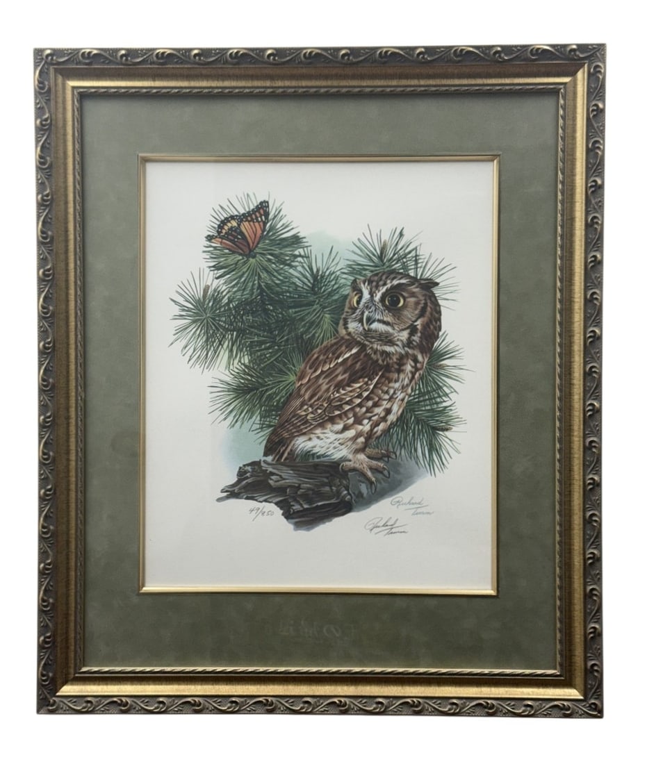 Richard Timm Signed Screech Owl Lithograph: A limited edition offset lithograph on paper by Richard Timm depicting an Eastern Screech-Owl. The print is hand-signed in pencil, numbered 49 of 850, and features a monarch butterfly resting on a