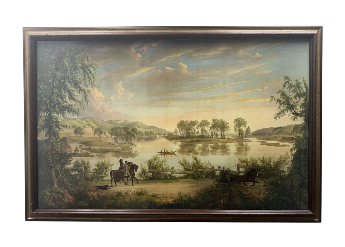James McDougal Hart 'View Near Troy': This large color print on paper depicts a pastoral river valley scene. The composition features figures on horseback and a horse-drawn carriage in the foreground overlooking a river dotted with small