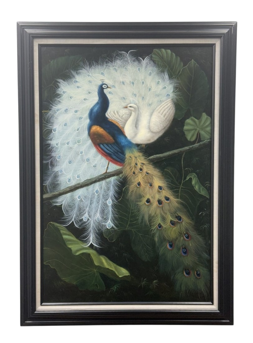 Chinese School Peacock Oil Painting: This large-scale naturalist oil painting on stretched canvas depicts a blue and a white peacock perched upon a textured branch. The composition features a dark background of dense tropical foliage