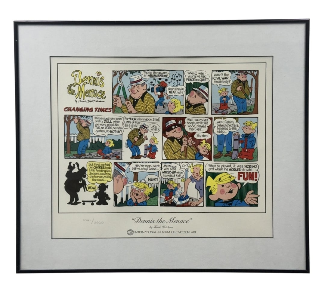 Hank Ketcham Dennis the Menace Lithograph: This offset lithograph reproduction of a Hank Ketcham Dennis the Menace Sunday comic strip is titled Changing Times and was published by the International Museum of Cartoon Art. The color print is