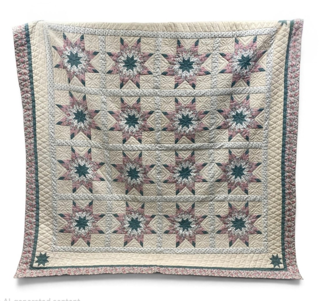 Hand-Stitched Star Quilt and Pillow Set: A hand-pieced and hand-quilted cotton patchwork quilt and matching pillow featuring sixteen 8-pointed star blocks in a Broken Star pattern. The coordinated fabrics include rose florals, pink plaids, a