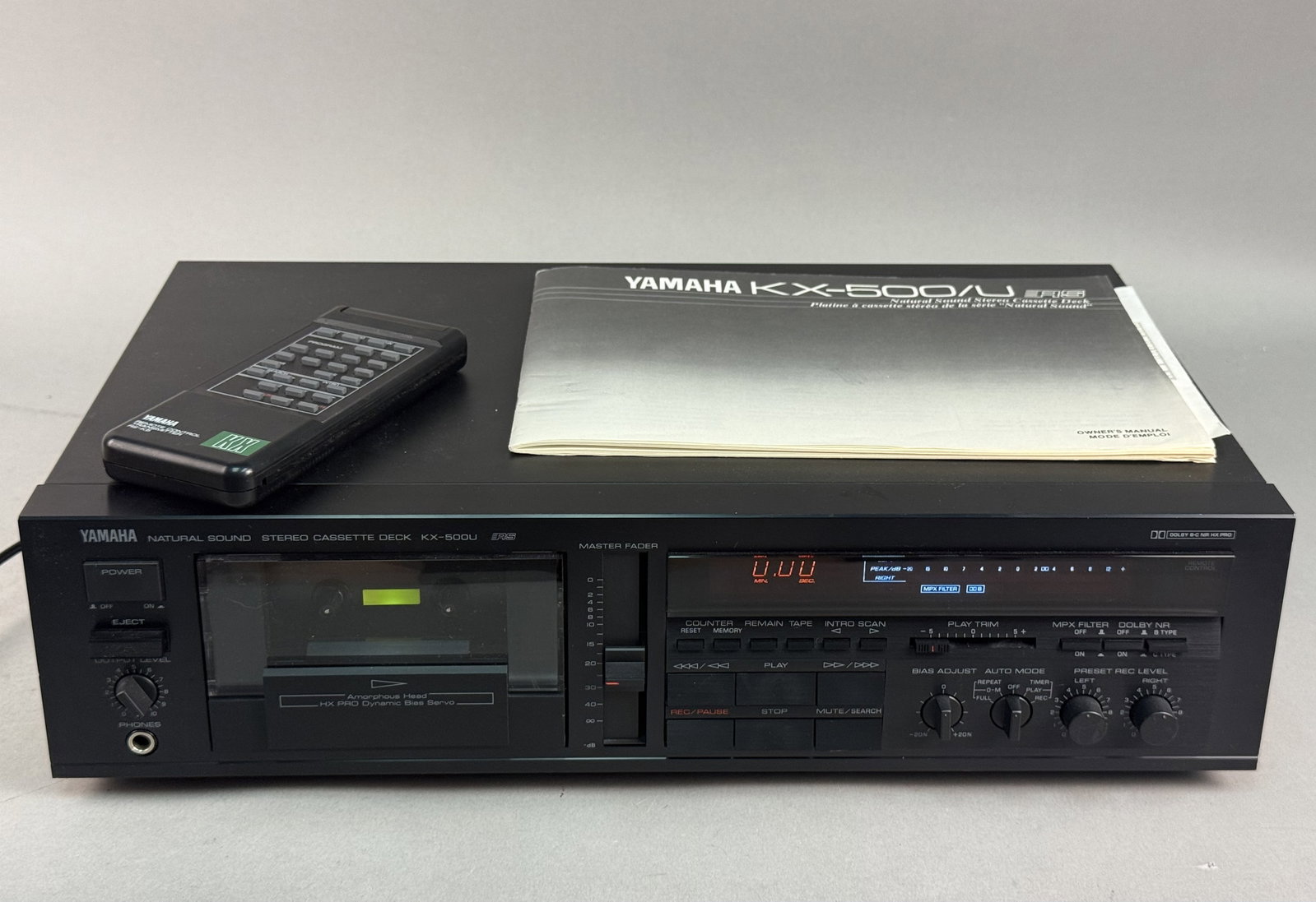 Yamaha KX-500U Stereo Cassette Deck: This Yamaha KX-500U Natural Sound stereo cassette deck is a high-performance audio component manufactured in Japan. It features an amorphous head, Dolby B-C noise reduction, and HX Pro headroom
