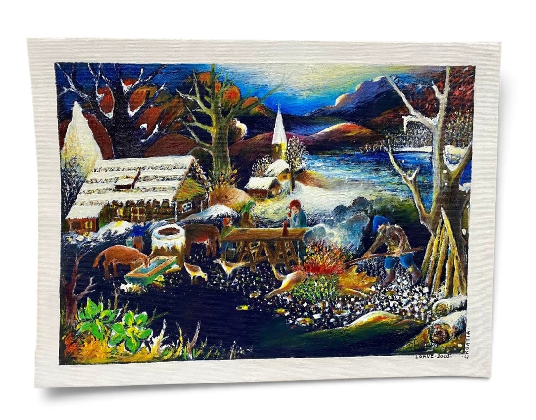 R. Anton Rupe, Croatian Folk Landscape: This winter scene, executed in acrylic or oil on a textured canvas sheet, illustrates a nighttime village gathering in a naive folk art style. Figures and animals are depicted around a glowing bonfire
