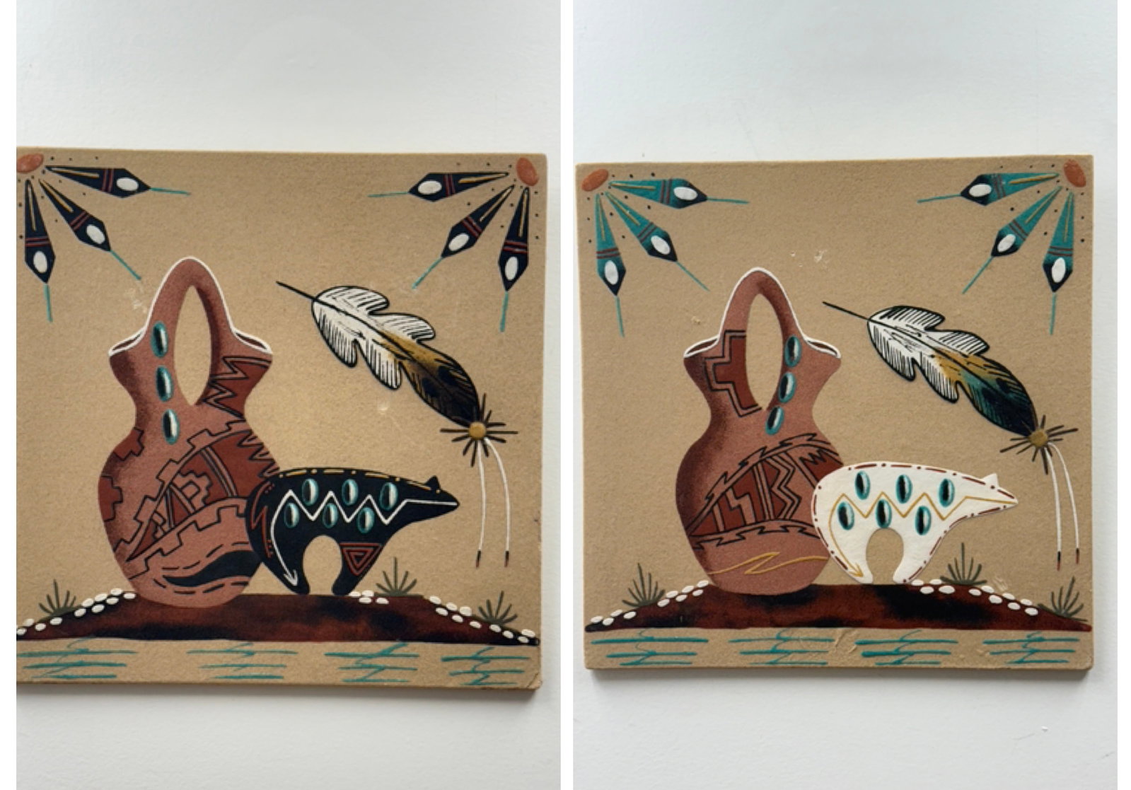 2 Tammy Laughing Sand Painting (Signed): This Navajo sand painting by artist Tammy Laughing is composed of natural ground stone and sand on a square particle board support. The central imagery features a stylized wedding vase and a bear