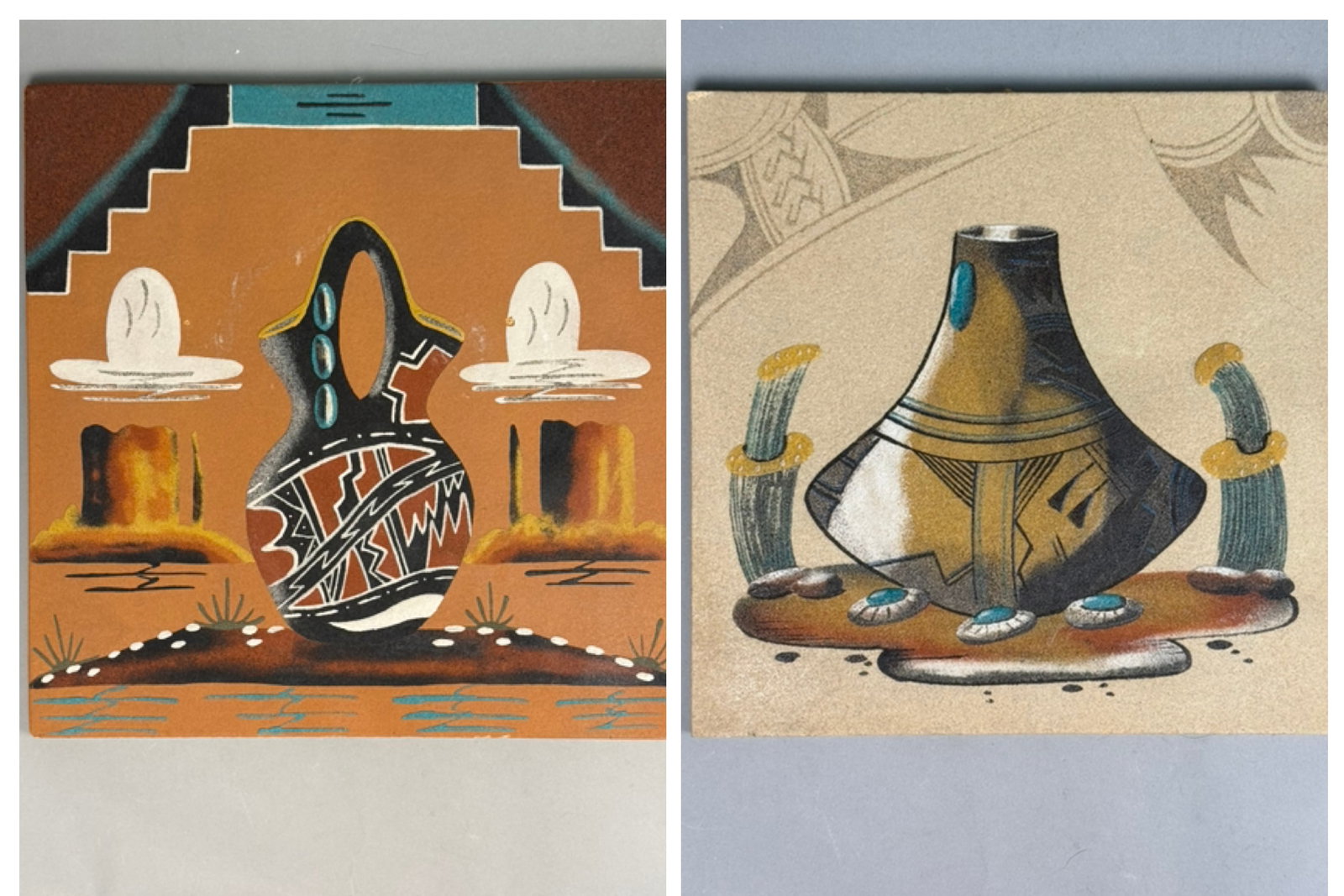 Watchman and Laughing Navajo Sand Paintings: A pair of Navajo (Din?©) sand paintings on board by artists R. Watchman and Tammy Laughing. The works depict traditional Southwestern pottery forms, including a flared storage jar and a