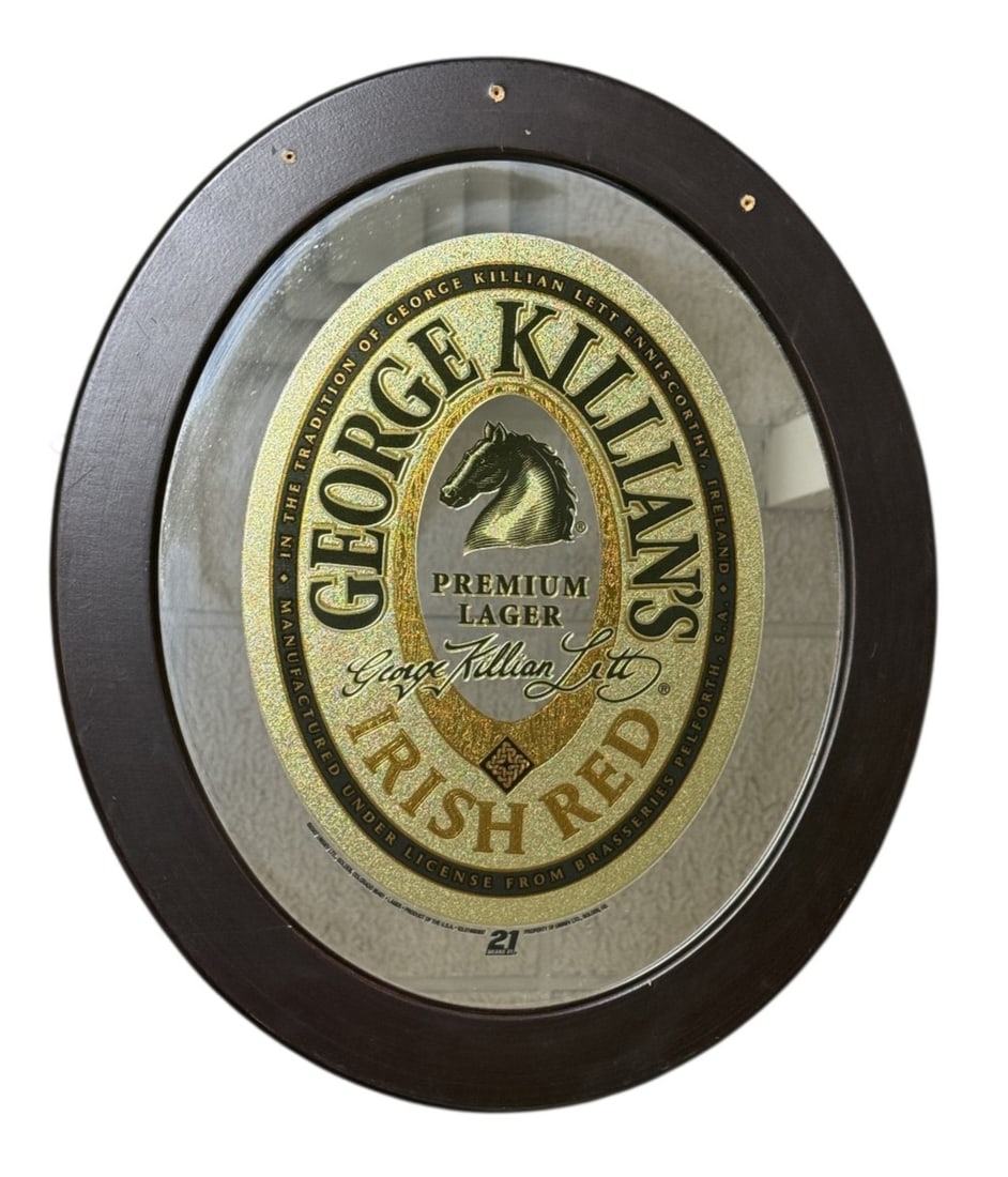 George Killian's Irish Red Bar Mirror: This George Killian's Irish Red advertising bar mirror features a central oval graphic with a textured gold-flecked background and a horse head profile. The printed text includes the brand name,
