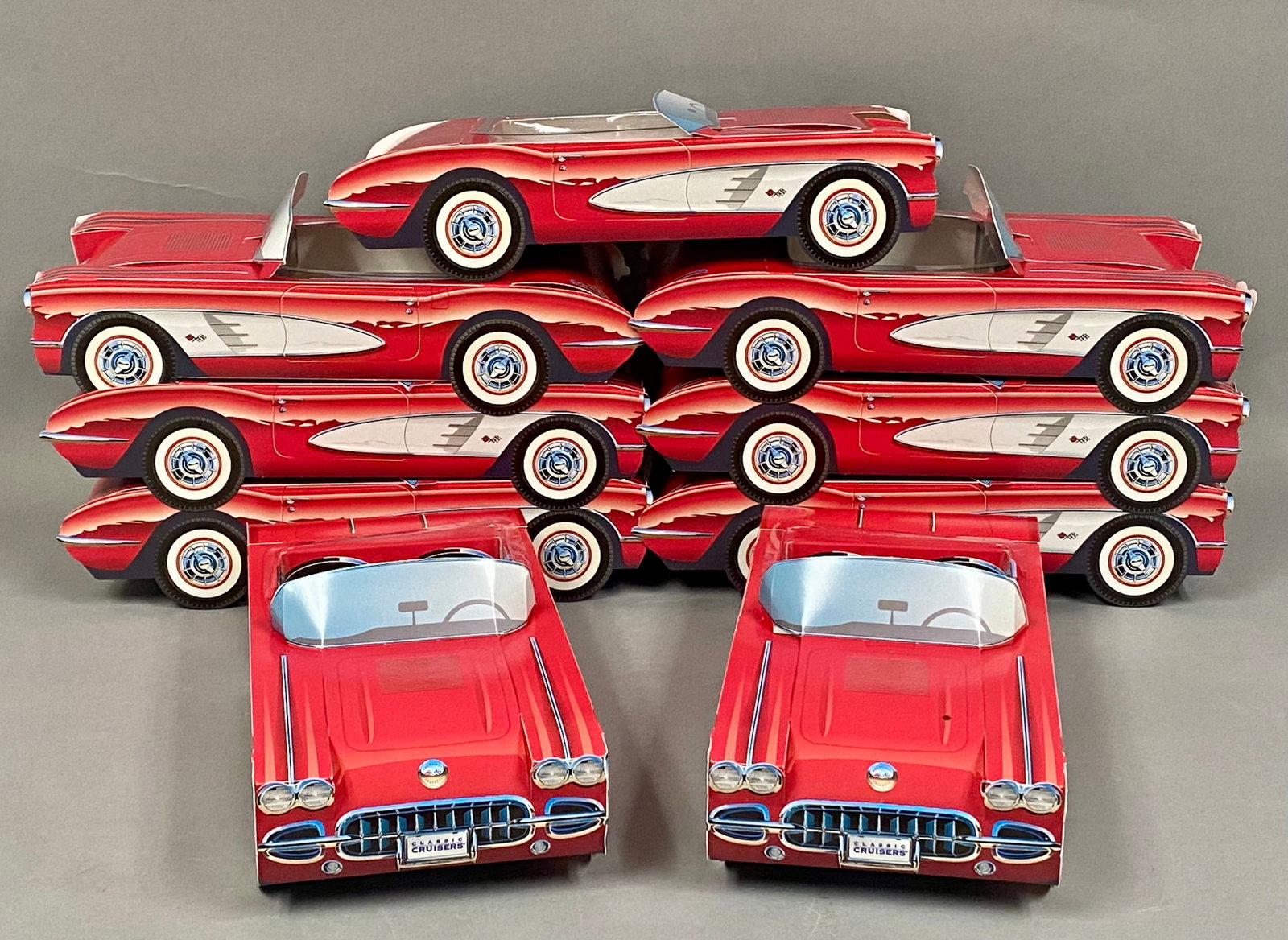 Nine Kid Stuff Classic Cruiser Boxes: Set of 9 novelty boxes manufactured by Kid Stuff Marketing, Inc. under the Classic Cruisers line. These officially licensed General Motors items are constructed of heavy printed cardstock shaped like