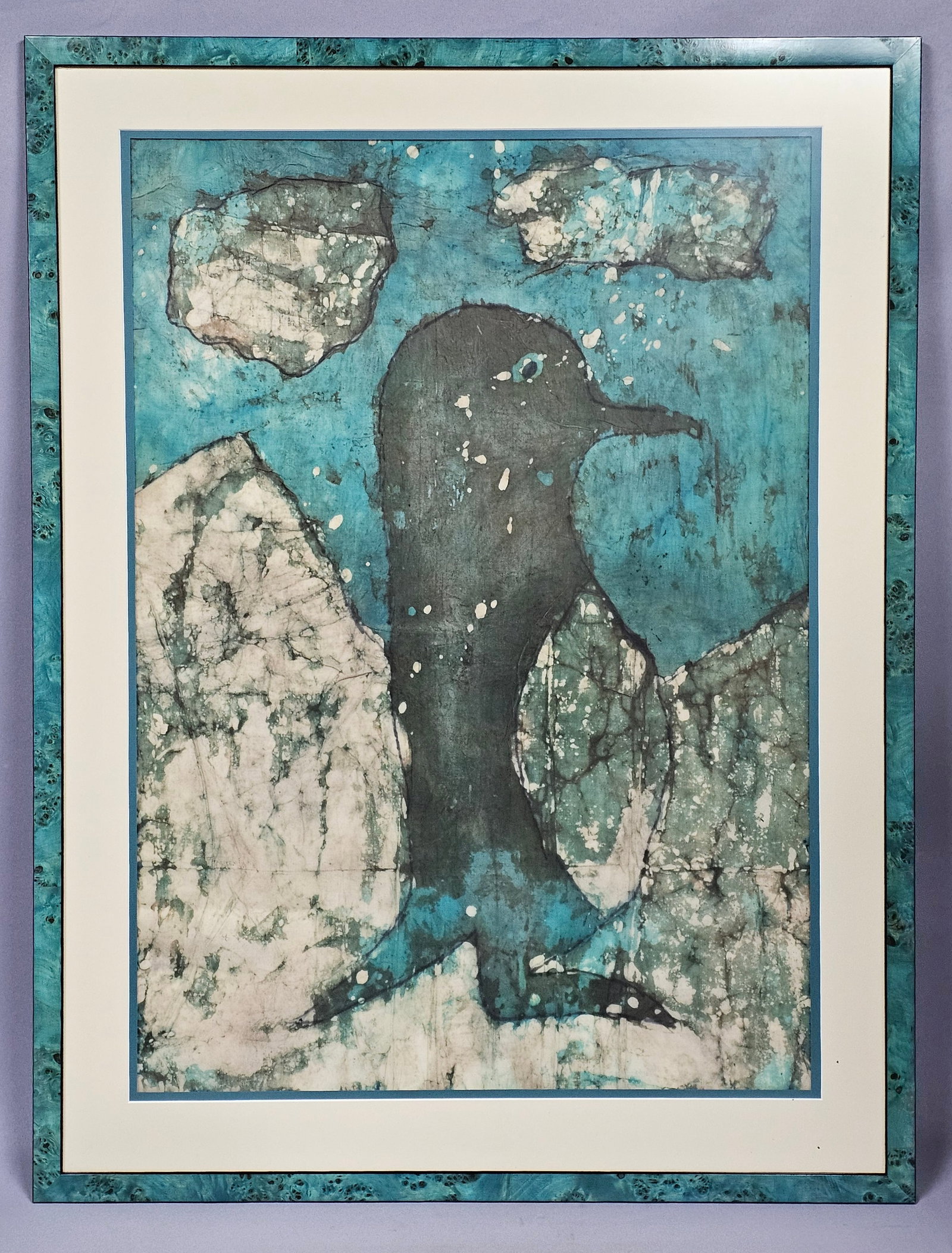 Abstract Penguin Batik Textile Artwork: This vertical batik on fabric depicts a stylized penguin set against an abstract coastal environment. The composition is executed using a traditional wax-resist dyeing technique, which produced