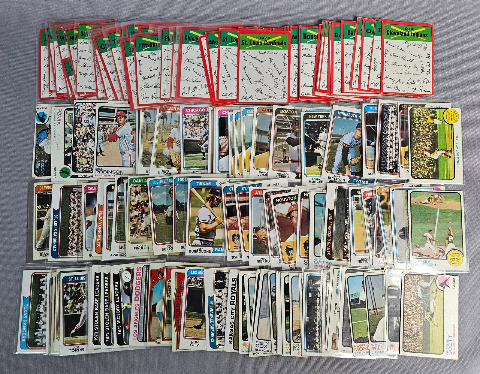 Vintage Topps Baseball Card Collection: This assortment features over 100 vintage Topps baseball cards. The lot contains a significant quantity of 1974 Team Checklist cards with facsimile signatures alongside base, manager, and leader